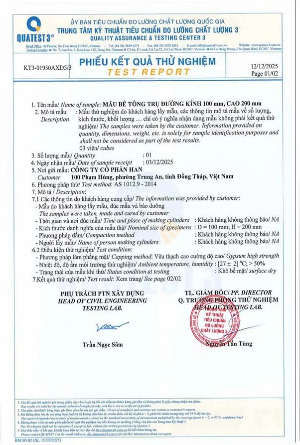 Phiếu kết quả thử nghiệm QUATEST 3 số KT3-01950AXD5/3 cho gối kê bê tông HAN — trang 1